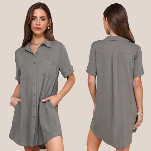 Lulus Dresses & Skirts - Lulus Oxford Comma Shirt Dress Womens XL Olive Gray Stretch Lagenlook Minimalist